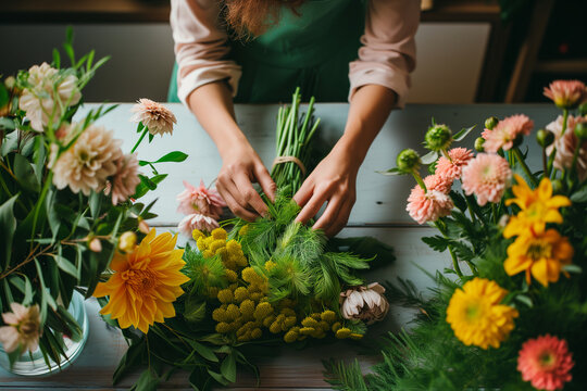 Woman florist arranging bouquet of flowers