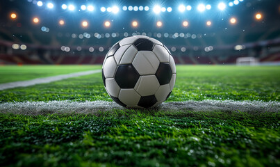 Fototapeta premium Soccer Ball in a Stadium with Lights. 