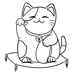 Maneki neko cat, lucky cat one line drawing 