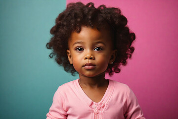 Portrait of cute little african american girl on color background