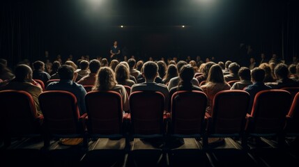 Back view silhouettes of people on chairs watching a speaker's speech, a movie, a play, a concert in a cinema, a theater in the dark. Entertainment, movie night, weekend and vacation concepts.