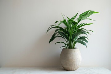 A modern, minimalistic living plant in a simple pot, placed against a white wall