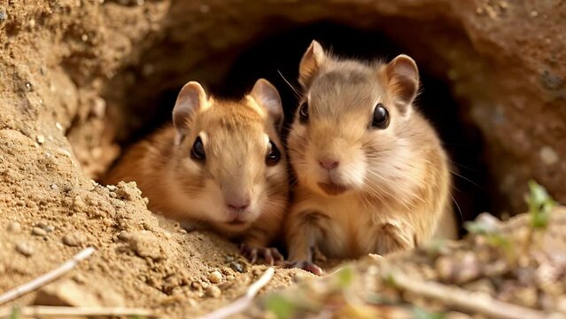 Closeup of a pair of Mongolian Gerbils working together to clear out their burrow one with a mouthful of dirt while the other swiftly shovels it out of the opening.