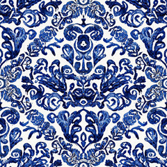 Watercolor painted indigo blue damask seamless pattern on a white background. Spanish tile with hand drawn Baroque and floral ornaments in Mediterranean majolica ceramic painting style.