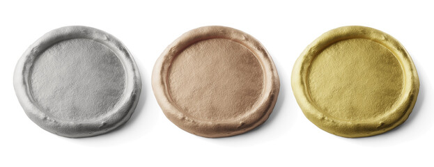 round authentic traditional special mail postal envelope document certificate wax seal stamp in silver, gold and bronze color realistic mockup template isolated perspective view