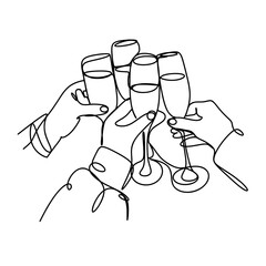 Cheering with glasses of wine or champagne in party one line drawing 