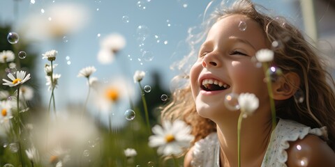 Happy young girl enjoying summer sunshine among daisies. childhood joy and nature. AI