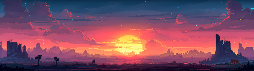 sunset on savanna and hills, pixel art background, rpg game background, background with a ratio size of 32:9