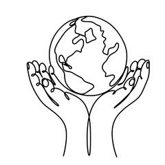 Hands holding earth globe one line drawing 