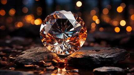 Close up photo of elegant diamond on the natural stone ground with warm orange lights on the background