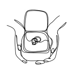 Hand holding box wedding ring one line drawing 