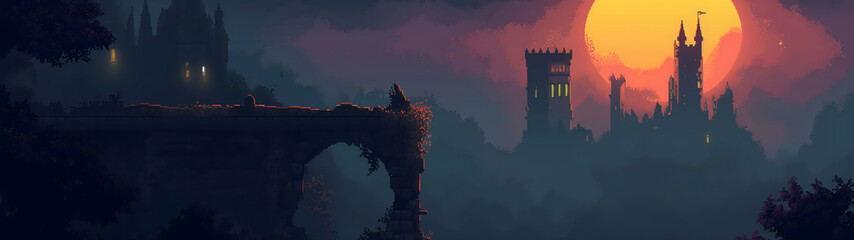 sunset over ancient castle ruins in pixel art style, pixel art background, rpg game background, background with a ratio size of 32:9 - obrazy, fototapety, plakaty