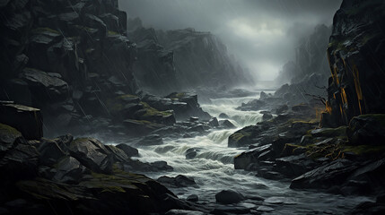 stormy afternoon in a rocky gorge. a dramatic storm - obrazy, fototapety, plakaty