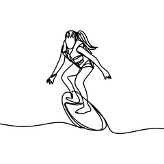 Woman surfer riding on surfboard one line art 