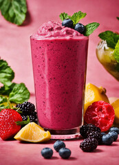 colorful gorgeous heartwarming fruit smoothies. Pieces of fruit and smoothie splashes in the air