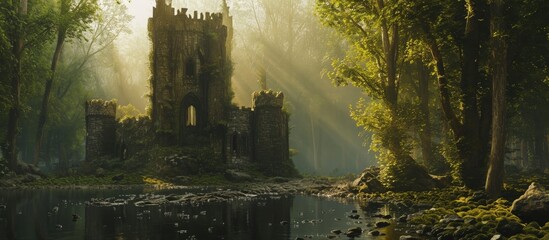 3D rendering of a castle in a forest transformed through photomanipulation.