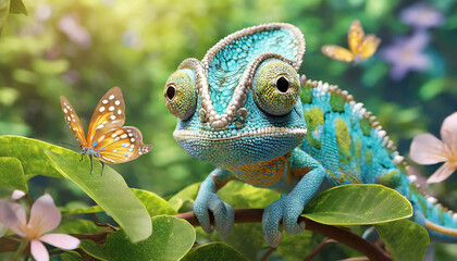 Illustration of a cute baby chameleon lizard in 3D in a garden of butterflies and lush greenery. - obrazy, fototapety, plakaty