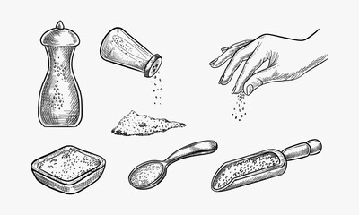 Sea salt sketch vector illustration isolated on white background. Natural ingredient, seasoning spice. Hand drawn design elements.