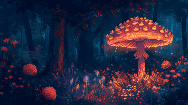 mushroom forest glowing at night in pixel art style, pixel art style game, pixel art background