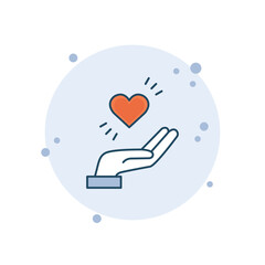 Cartoon heart in hand icon vector illustration. Love gift on bubbles background. Care sign concept.