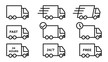 express free parcel delivery moving truck vector icon set. fast order dispatch and quick distribution truck sign. cargo goods shipping truck symbol. package shipment van sign. - obrazy, fototapety, plakaty