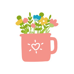 Flowers in cup vector illustration isolated on white background. Different colorful flowers in flat design and cute simple style.