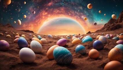 Photo of colorful easter eggs on planet in space - obrazy, fototapety, plakaty