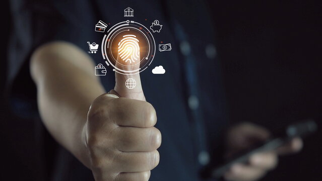 futuristic digital processing of biometric identification fingerprint scanner for access personal financial data. surveillance and security scanning of digital programs cyber futuristic applications