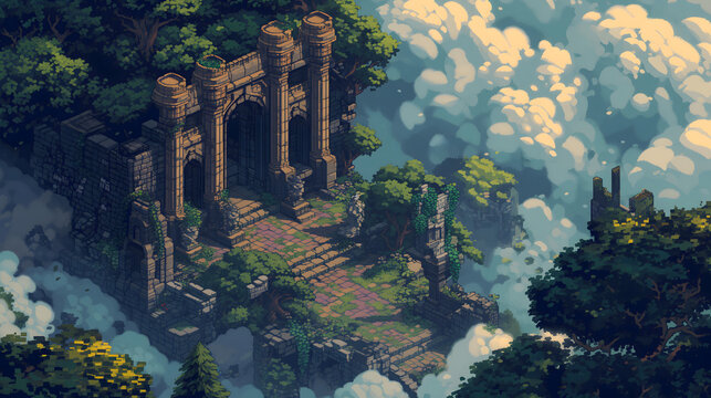 ancient ruins with trees above clouds in pixel art style, scenic pixel art background, scenery in pixel art game