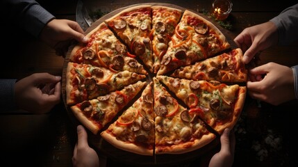 many hands tear off slice of pizza on wooden background . - obrazy, fototapety, plakaty