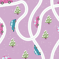 Seamless pattern with cute cars, christmas tree on blue winter background. Cartoot transport. Vector illustration. Doodle style. Design for baby print, invitation, poster, card, fabric, textile.