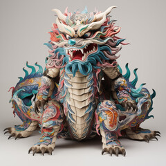 Naklejka premium Gorgeous portrait of a captivating dragon figure, shining against a clean white background. Artistic details and the grandeur of Chinese culture are vividly portrayed in this elegant design