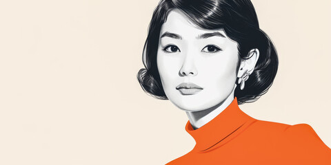 60s retro illustration of an asian woman in vibrant colors with copyspace for text