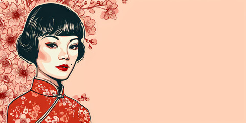 60s retro illustration of an asian woman in vibrant colors with copyspace for text