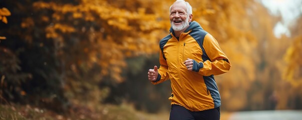 A senior man jogging outdoors, in the style of joyful
