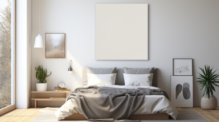 Cozy bedroom scene with a blank canvas for art display, bathed in natural light.