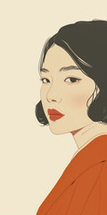 60s retro illustration of an asian woman in vibrant colors with copyspace for text