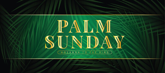Palm sunday Gold text on abstract dark green palm leaves texture background vector design