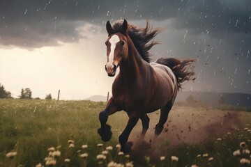 A horse runs quickly through a meadow in stormy weather - obrazy, fototapety, plakaty