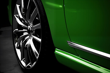 Abstract of polished green car and shiny alloy wheel