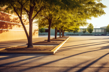 Empty parking lot in morning light with green trees