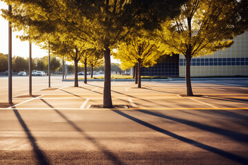 Empty parking lots under soft morning light with green trees