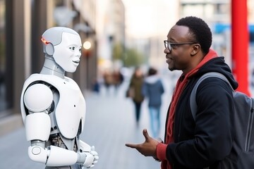 An African-American man on a city street talking to a robot in a friendly manner - obrazy, fototapety, plakaty