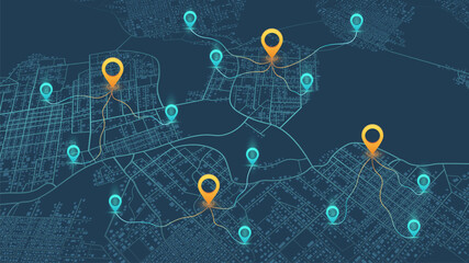 An abstract navigation plan highlights POI including city streets, blocks. City map featuring directional signs, an intended goal point, and multiple markers. Editable vector illustration - obrazy, fototapety, plakaty