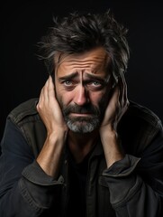 Obraz premium Portrait of a man with a tearful face in a state of great grief on a black background. Disappointed, confused man with headache, life problems