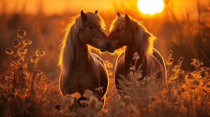 A display of tenderness among beautiful horses in nature at sunset. Agriculture and horse care - obrazy, fototapety, plakaty