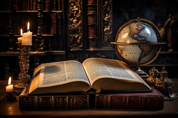 Obraz premium An ancient open book in the library on the table near the globe in the mysterious light of candles