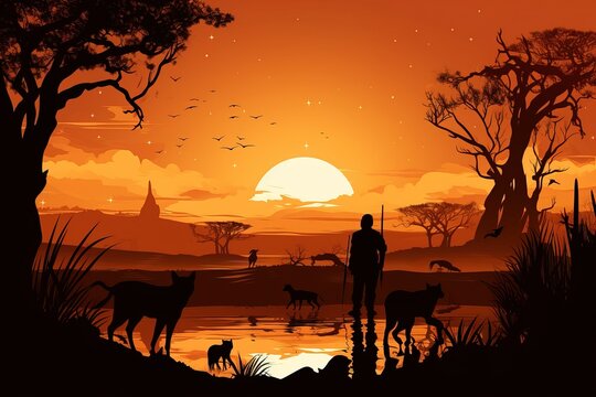 Silhouette image of a person, animals and trees against the background of a lake and mountains during sunset in an ancient style