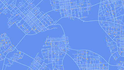 Top, aerial or bird's eye view of modern city. Abstract navigation plan of huge urban area. Generic city map with signs of streets, roads, house. Colored flat, editable vector illustration