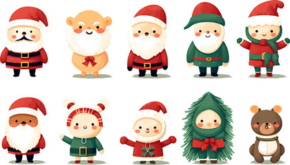 Collection of Christmas characters and icons on transparent background